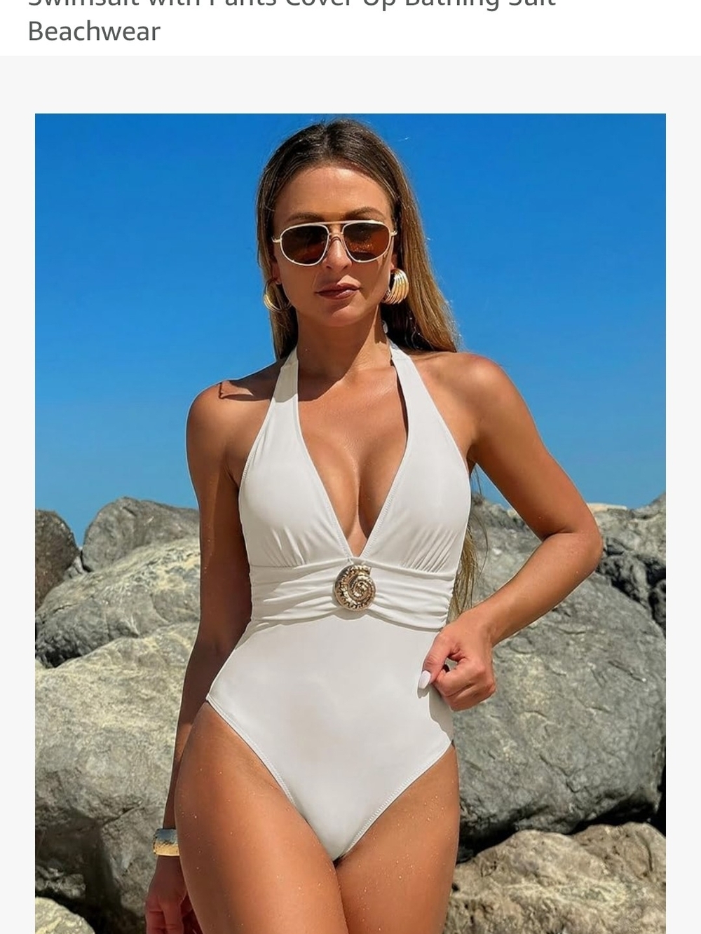 White Halter One-Piece Swimsuit with White & Tan Wide-Leg Printed Pants - Picture 6 of 9